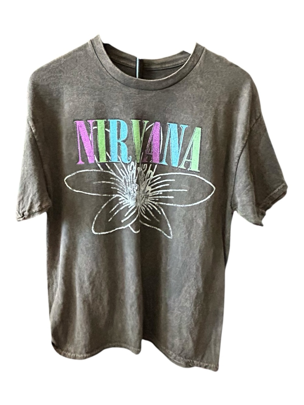 NIRVANA Brown Short Sleeve Tee with Pastel Multicolor Logo
